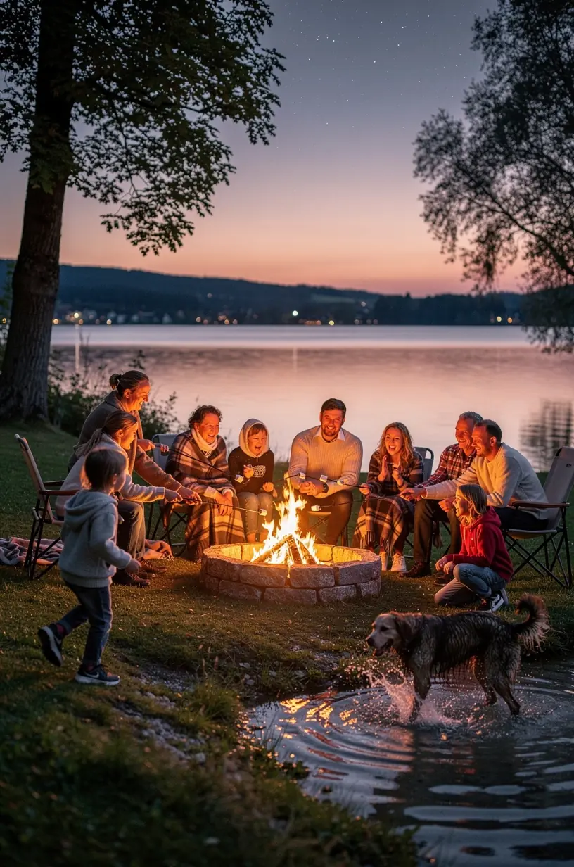 Wanderer genießen den Blick auf einen malerischen See und grüne Hügel in Deutschland