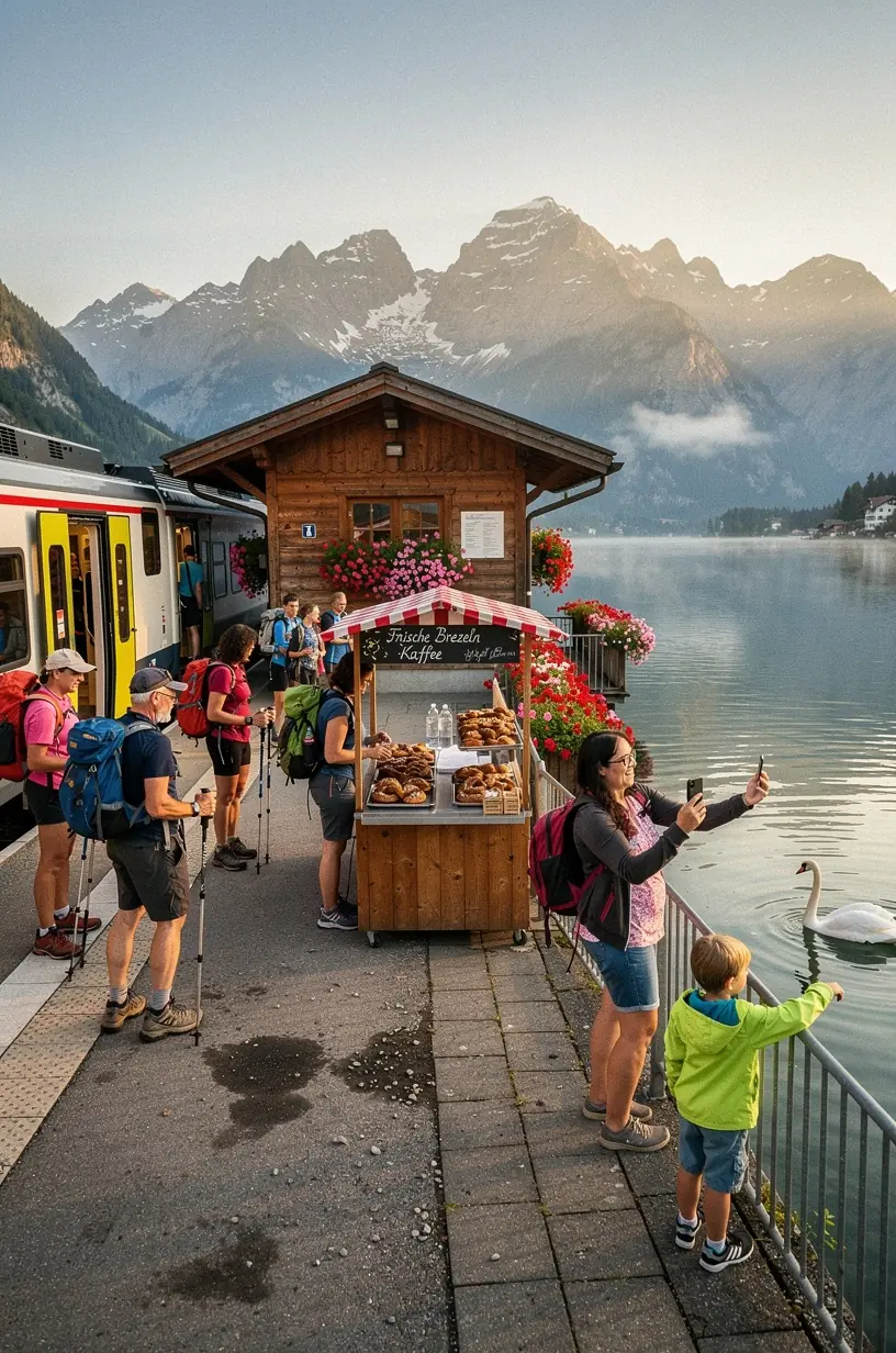 Radfahrer halten an einem Aussichtspunkt mit Panorama über einen deutschen See und umliegende Natur